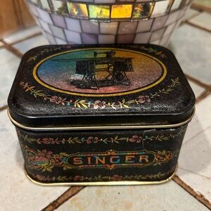 SINGER Sewing Machine 4"x3" Black and Rainbow Metal Tin Accessory Can with Lid